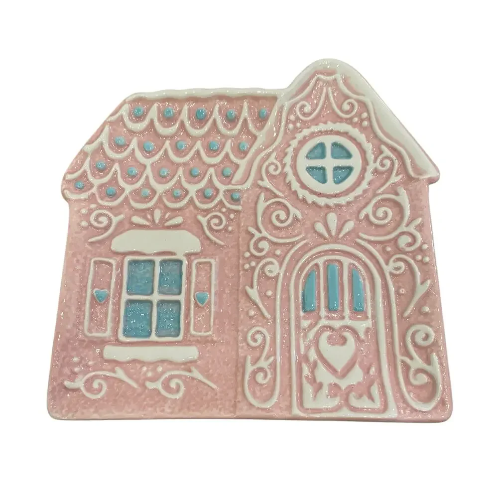 Godinger Pastel Pink Gingerbread House 6in Ceramic Appetizer Plates New